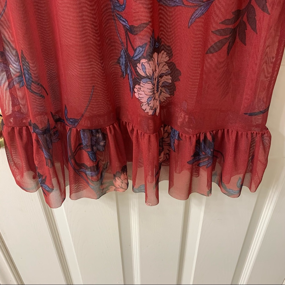 🌷3 for $25🌷Reitmans, US S Red Floral Semi Sheer Long Sleeve Ruffle Bottom Dress - Picture 5 of 6